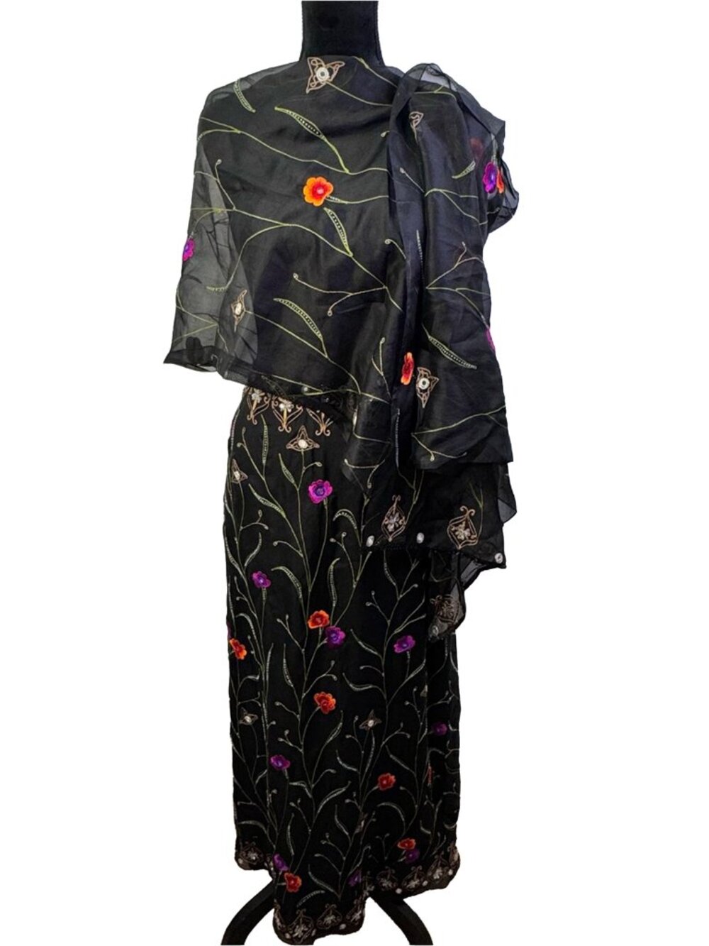 Chetta B Evening Silk Embroidered Floral Maxi Skirt & Scarf Set Size 6 VTG